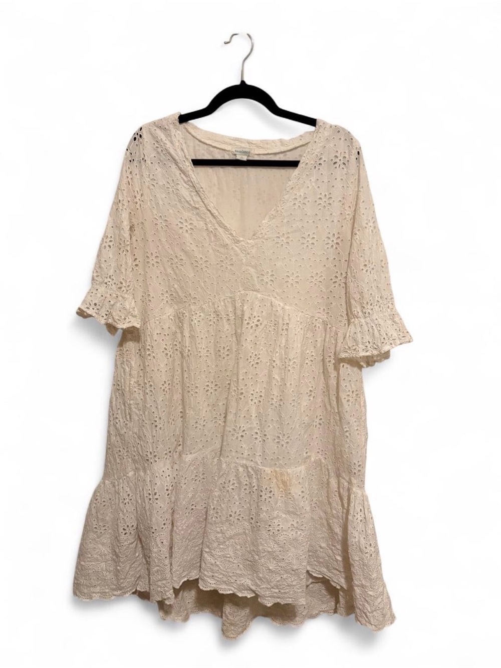 Sundance Jasmine Eyelet L V-Neck Cream White Cotton Dress Boho Cottagecore